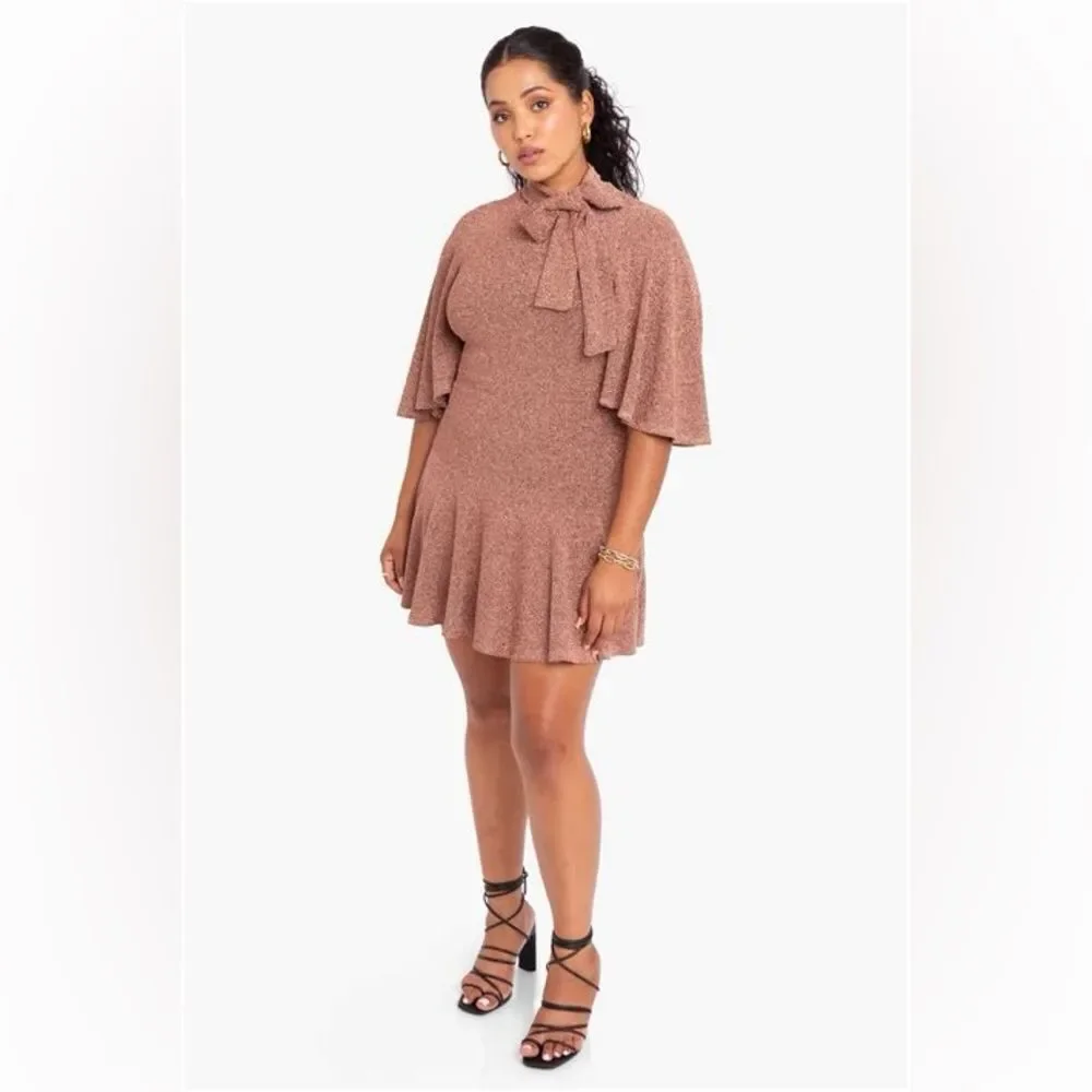 Black Halo Coralia Mini Dress Metallic Bow Neck Flounce Hem Copper Zest 12 NW - Picture 5 of 13